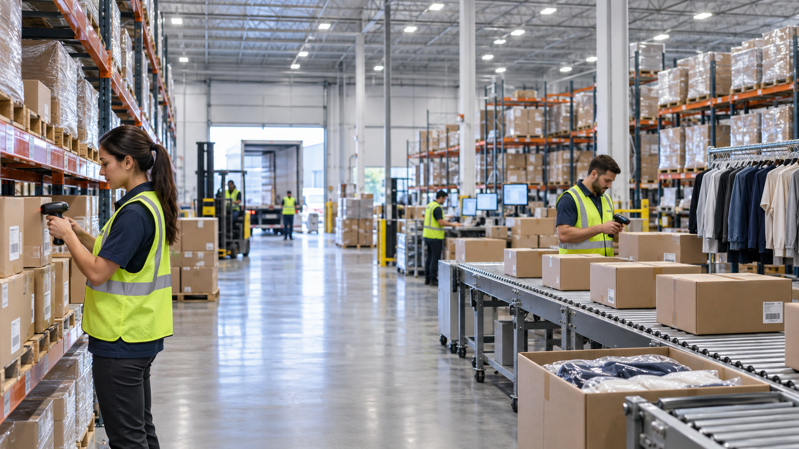 Illustrative apparel warehouse and distribution environment