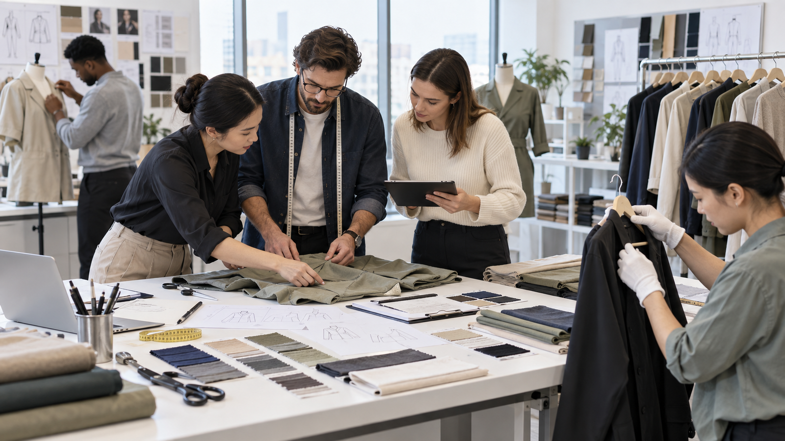 Illustrative apparel product development and quality-control workspace